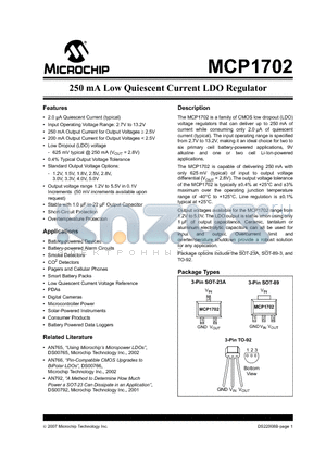 MCP1702-1502E/CB datasheet - 250 mA Low Quiescent Current LDO Regulator