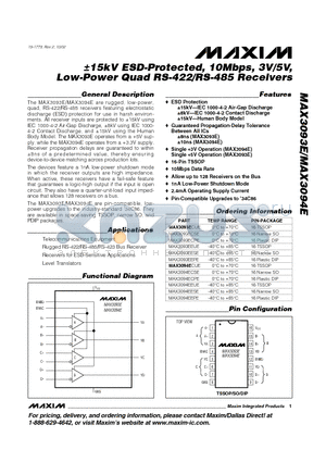 MAX3093EEUE datasheet - a15kV ESD-Protected, 10Mbps, 3V/5V, Low-Power Quad RS-422/RS-485 Receivers