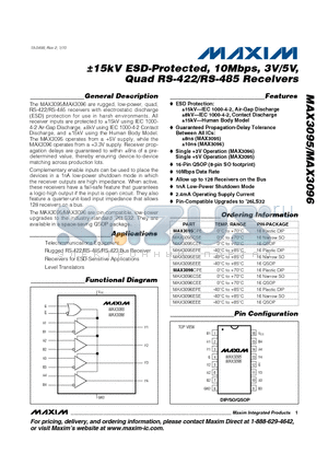 MAX3095CEE datasheet - a15kV ESD-Protected, 10Mbps, 3V/5V, Quad RS-422/RS-485 Receivers