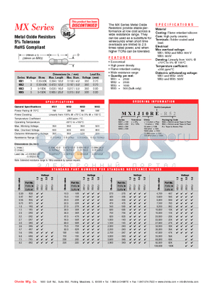 MX1K10RE-R52 datasheet - Metal Oxide Resistors 5% Tolerance RoHS Compliant