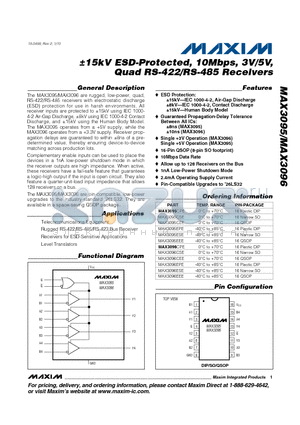 MAX3095EPE datasheet - a15kV ESD-Protected, 10Mbps, 3V/5V, Quad RS-422/RS-485 Receivers