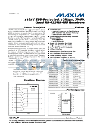 MAX3095EPE+ datasheet - a15kV ESD-Protected, 10Mbps, 3V/5V, Quad RS-422/RS-485 Receivers