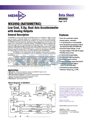MX205QL datasheet - Low Cost, 5.0g, Dual Axis Accelerometer with Analog Outputs