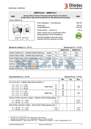 MMBT5401 datasheet - Surface Mount General Purpose Si-Epi-Planar Transistors Si-Epi-Planar Universaltransistoren fur die Oberflahenmontage