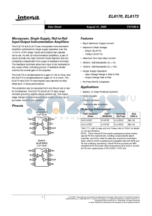 EL8170ISZ-T13 datasheet - Micropower, Single Supply, Rail-to-Rail Input-Output Instrumentation Amplifiers