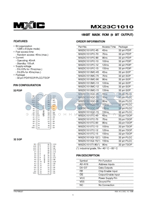 MX23C1010MC-15 datasheet - 1M-BIT MASK ROM (8 BIT OUTPUT)