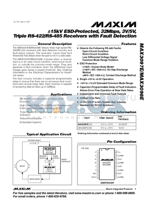 MAX3098EAESE datasheet - a15kV ESD-Protected, 32Mbps, 3V/5V, Triple RS-422/RS-485 Receivers with Fault Detection