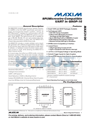 MAX3100 datasheet - SPI/Microwire-Compatible UART in QSOP-16