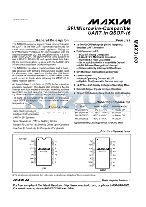 MAX3100CEE datasheet - SPI/Microwire-Compatible UART in QSOP-16