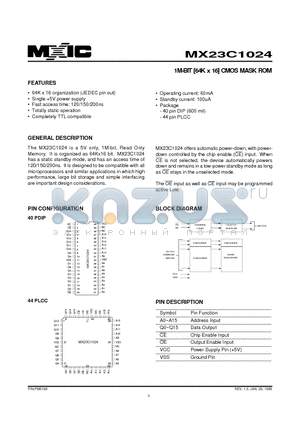 MX23C1024 datasheet - 1M-BIT [64K x 16] CMOS MASK ROM