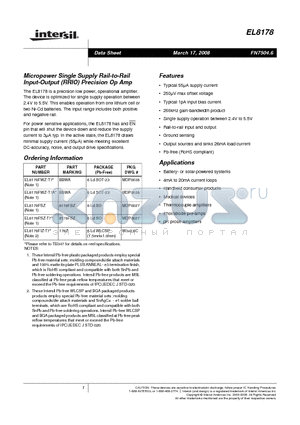 EL8178 datasheet - Micropower Single Supply Rail-to-Rail Input-Output (RRIO) Precision Op Amp