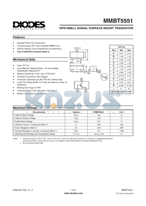 MMBT5551 datasheet - NPN SMALL SIGNAL SURFACE MOUNT TRANSISTOR