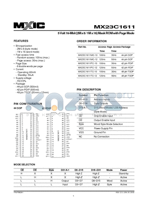 MX23C1611MC-10 datasheet - 5 Volt 16-Mbit (2M x 8 / 1M x 16) Mask ROM with Page Mode