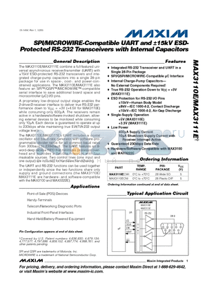 MAX3110EEWI datasheet - SPI/MICROWIRE-Compatible UART and a15kV ESDProtected RS-232 Transceivers with Internal Capacitors