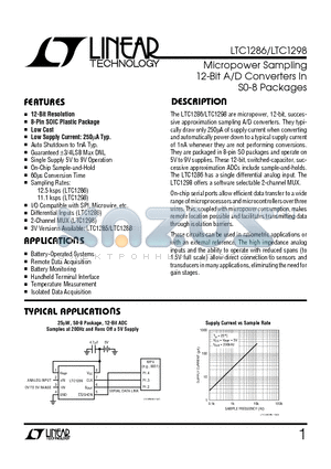 LTC1298I datasheet - Micropower Sampling 12-Bit A/D Converters In S0-8 Packages