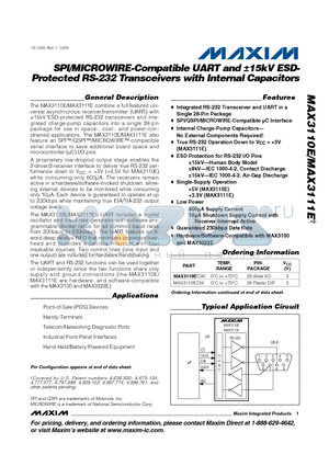 MAX3111EENI datasheet - SPI/MICROWIRE-Compatible UART and a15kV ESDProtected RS-232 Transceivers with Internal Capacitors