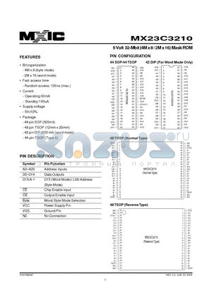 MX23C3210MC-10 datasheet - 5 Volt 32-Mbit (4M x 8 / 2M x 16) Mask ROM