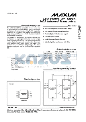 MAX3120EUA datasheet - Low-Profile, 3V, 120uA, IrDA Infrared Transceiver