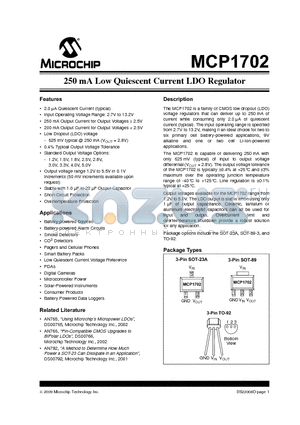 MCP1702_09 datasheet - 250 mA Low Quiescent Current LDO Regulator