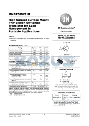 MMBT589LT1G datasheet - High Current Surface Mount PNP Silicon Switching Transistor for Load Management in Portable Applications