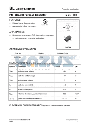 MMBT589 datasheet - PNP General Purpose Transistor