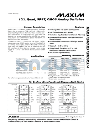 MAX312ESE datasheet - 10 OHM, Quad, SPST, CMOS Analog Switches