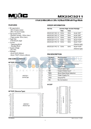 MX23C3211TC-10 datasheet - 5 Volt 32-Mbit (4M x 8 / 2M x 16) Mask ROM with Page Mode