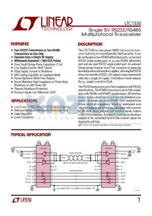 LTC1334ISW datasheet - Single 5V RS232/RS485 Multiprotocol Transceiver