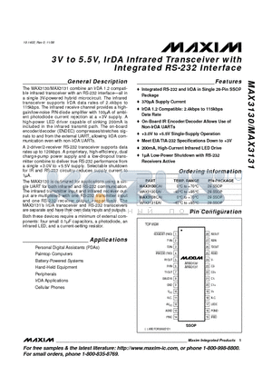 MAX3130EAI datasheet - 3V to 5.5V, IrDA Infrared Transceiver with Integrated RS-232 Interface