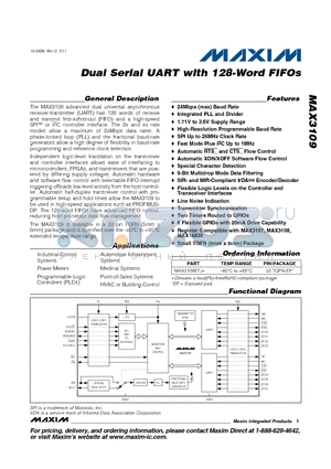 MAX3109 datasheet - Dual Serial UART with 128-Word FIFOs Integrated PLL and Divider