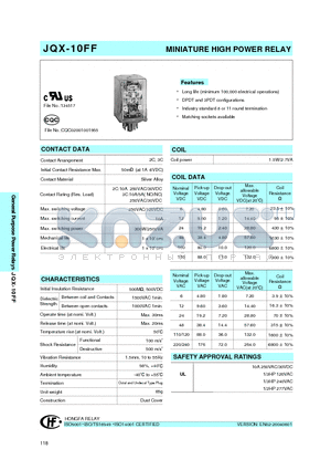 JQX-10FF/012NIL3Z-1D datasheet - MINIATURE HIGH POWER RELAY