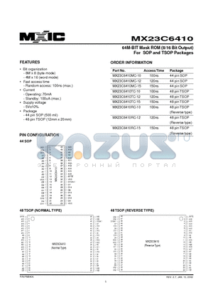 MX23C6410TC-12 datasheet - 64M-BIT Mask ROM (8/16 Bit Output) For SOP and TSOP Packages