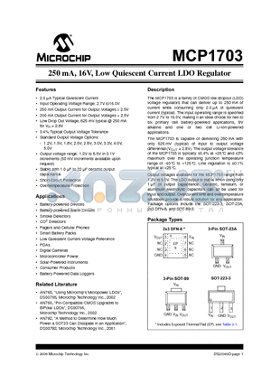 MCP1703T-3002E/MB datasheet - 250 mA, 16V, Low Quiescent Current LDO Regulator