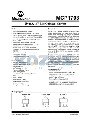 MCP1703T-3302E/MB datasheet - 250 mA, 16V, Low Quiescent Current