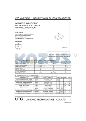 MMBT9013 datasheet - 1W OUTPUT AMPLIFIER OF POTABLE RADIOS IN CLASS B PUSH-PULL OPERATION