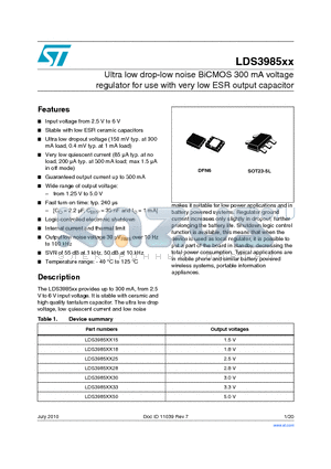 LDS3985M25R datasheet - Ultra low drop-low noise BiCMOS 300 mA voltage regulator for use with very low ESR output capacitor