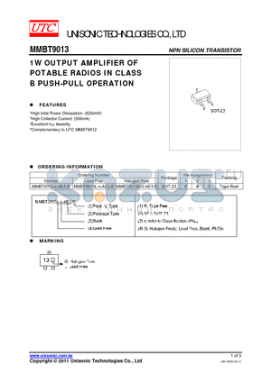 MMBT9013 datasheet - 1W OUTPUT AMPLIFIER OF POTABLE RADIOS IN CLASS B PUSH-PULL OPERATION