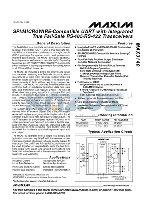 MAX3140CEI datasheet - SPI/MICROWIRE-Compatible UART with Integrated True Fail-Safe RS-485/RS-422 Transceivers