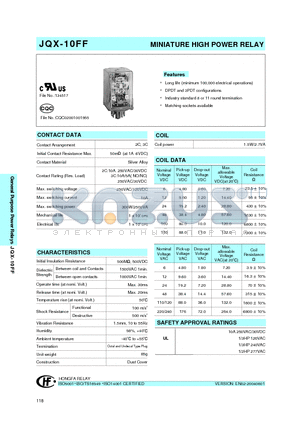 JQX-10FF/048NIL3Z-1NIL datasheet - MINIATURE HIGH POWER RELAY