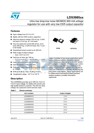 LDS3985M33R datasheet - Ultra low drop-low noise BiCMOS 300 mA voltage regulator for use with very low ESR output capacitor