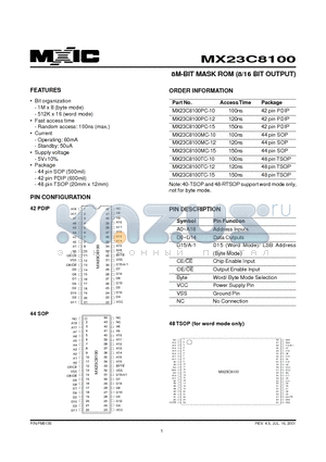 MX23C8100PC-10 datasheet - 8M-BIT MASK ROM (8/16 BIT OUTPUT)