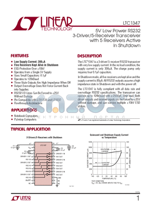 LTC1347 datasheet - 5V Low Power RS232 3-Driver/5-Receiver Transceiver with 5 Receivers Active in Shutdown