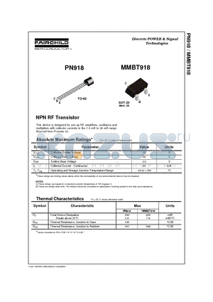 MMBT918 datasheet - NPN RF Transistor