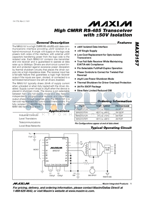 MAX3157EPI datasheet - High CMRR RS-485 Transceiver with a50V Isolation