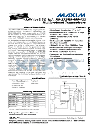 MAX3160 datasheet - 3.0V to5.5V, 1lA, RS-232/RS-485/422 Multiprotocol Transceivers
