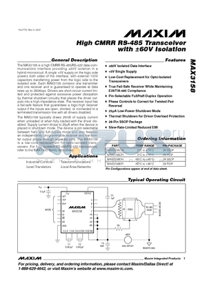 MAX3158EAI datasheet - High CMRR RS-485 Transceiver with a60V Isolation