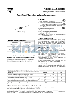 P4KE75A datasheet - TRANSZORB^ Transient Voltage Suppressors