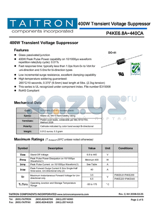 P4KE75A datasheet - 400W Transient Voltage Suppressor