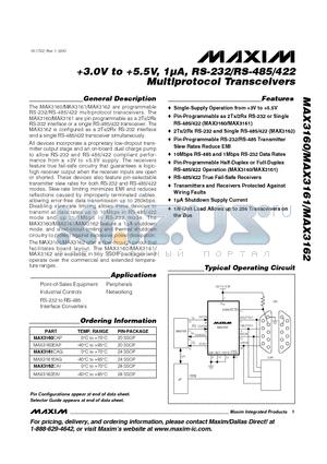 MAX3162 datasheet - 3.0V to 5.5V, 1uA, RS-232/RS-485/422 Multiprotocol Transceivers