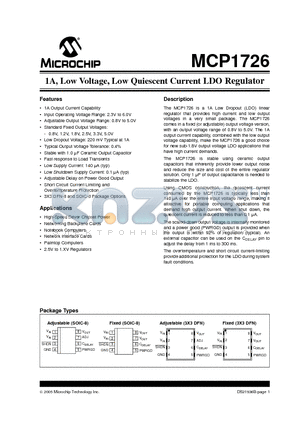 MCP1726T-0802E/SN datasheet - 1A, Low Voltage, Low Quiescent Current LDO Regulator